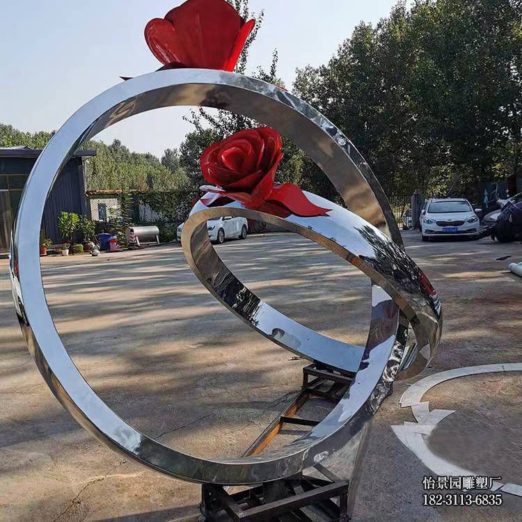 不锈钢戒指雕塑，公园广场售楼部水景不锈钢花戒小品摆件