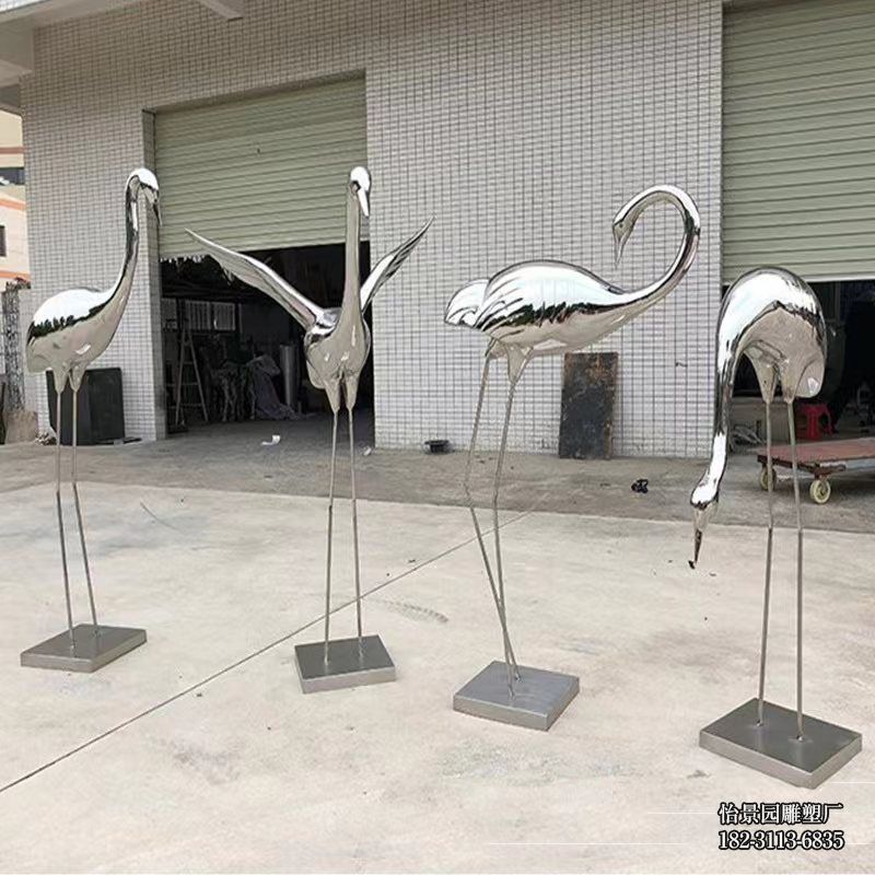 不锈钢镜面仙鹤雕塑，园林酒店售楼部水景不锈钢仙鹤小品摆件