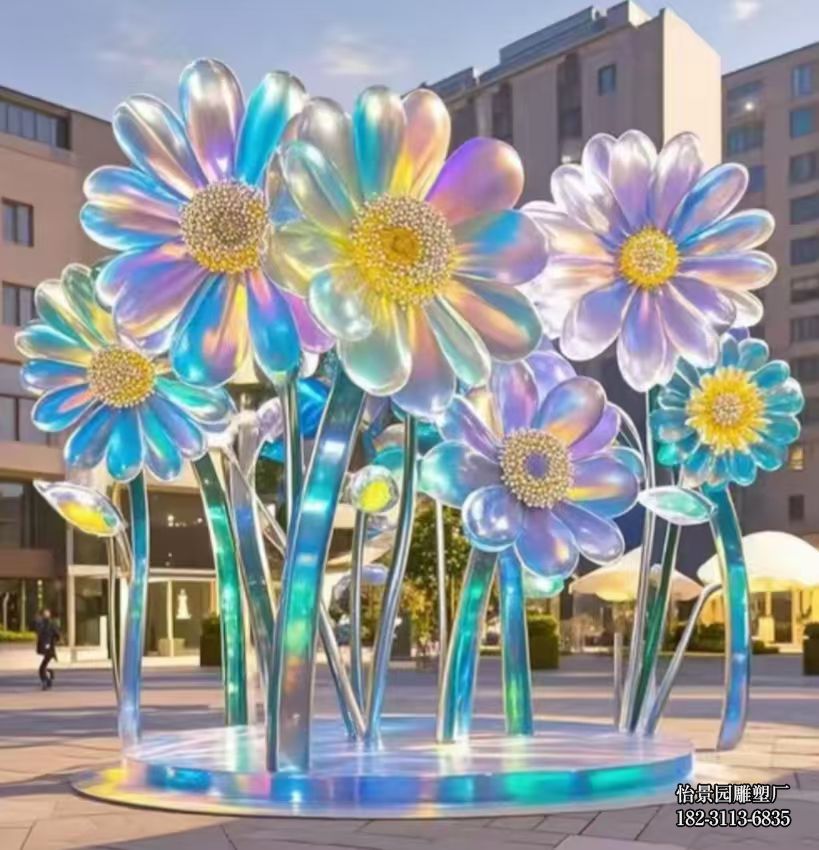 不锈钢彩色花朵小品摆件，广场园林公园户外景区酒店不锈钢花朵雕塑