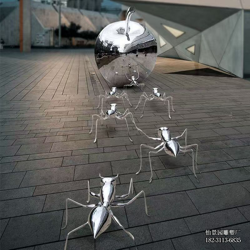 不锈钢苹果蚂蚁小品摆件，公园户外广场园林景园不锈钢苹果雕塑厂家定制